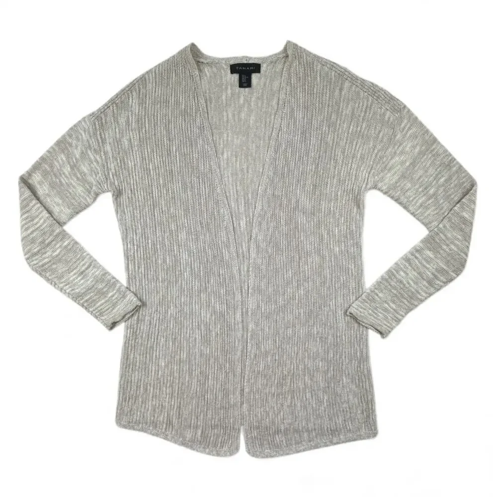 Tahari Womens Linen Blend Open Front Knit Cardigan Textured Beige Lightweight XL - Picture 3 of 11